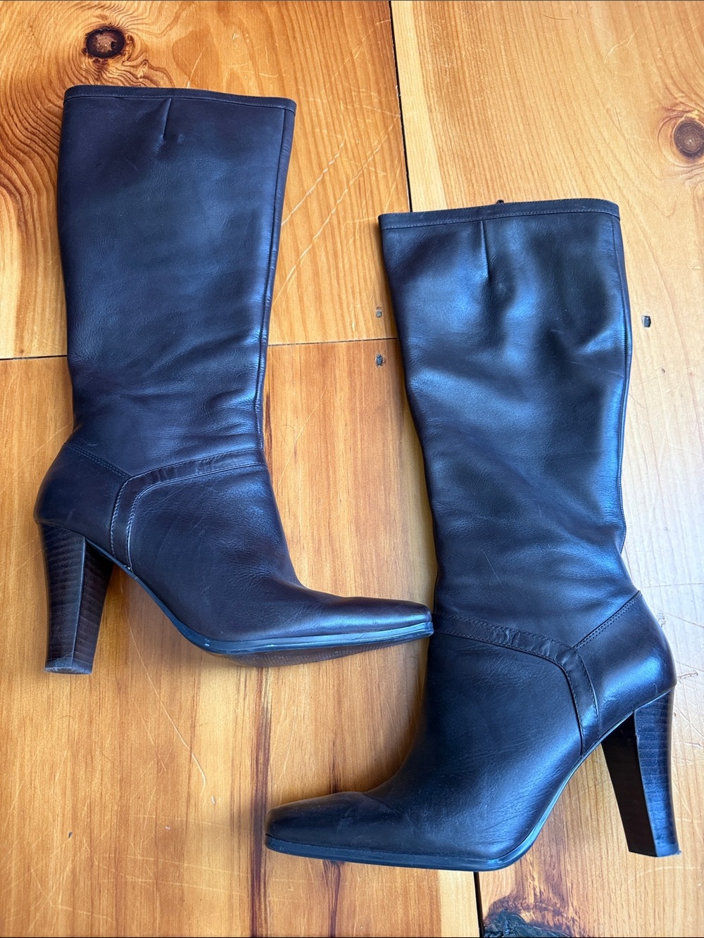 Nine West Black Leather High-Heel Mid-Calf Boots